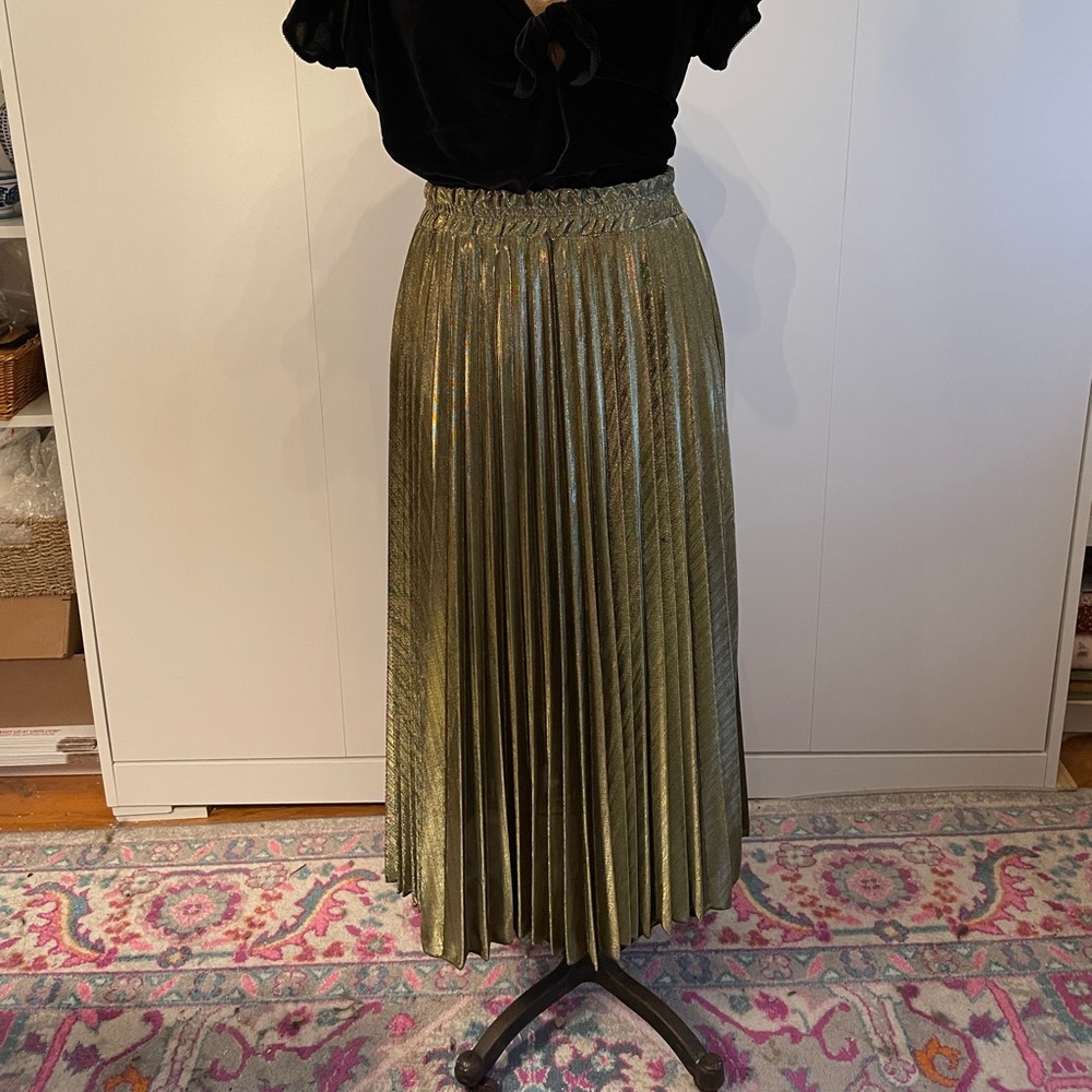 Metallic Goldtone Knife Pleated Maxi Skirt